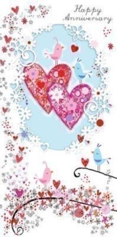 Happy Anniversary Card Hearts and Birds Paper Rose. This handmade Anniversary Card by Paper Rose has a rose and heart design that is embellished with gem stones and sequins. Says Happy Anniversary on the front and is blank for your own message on the in